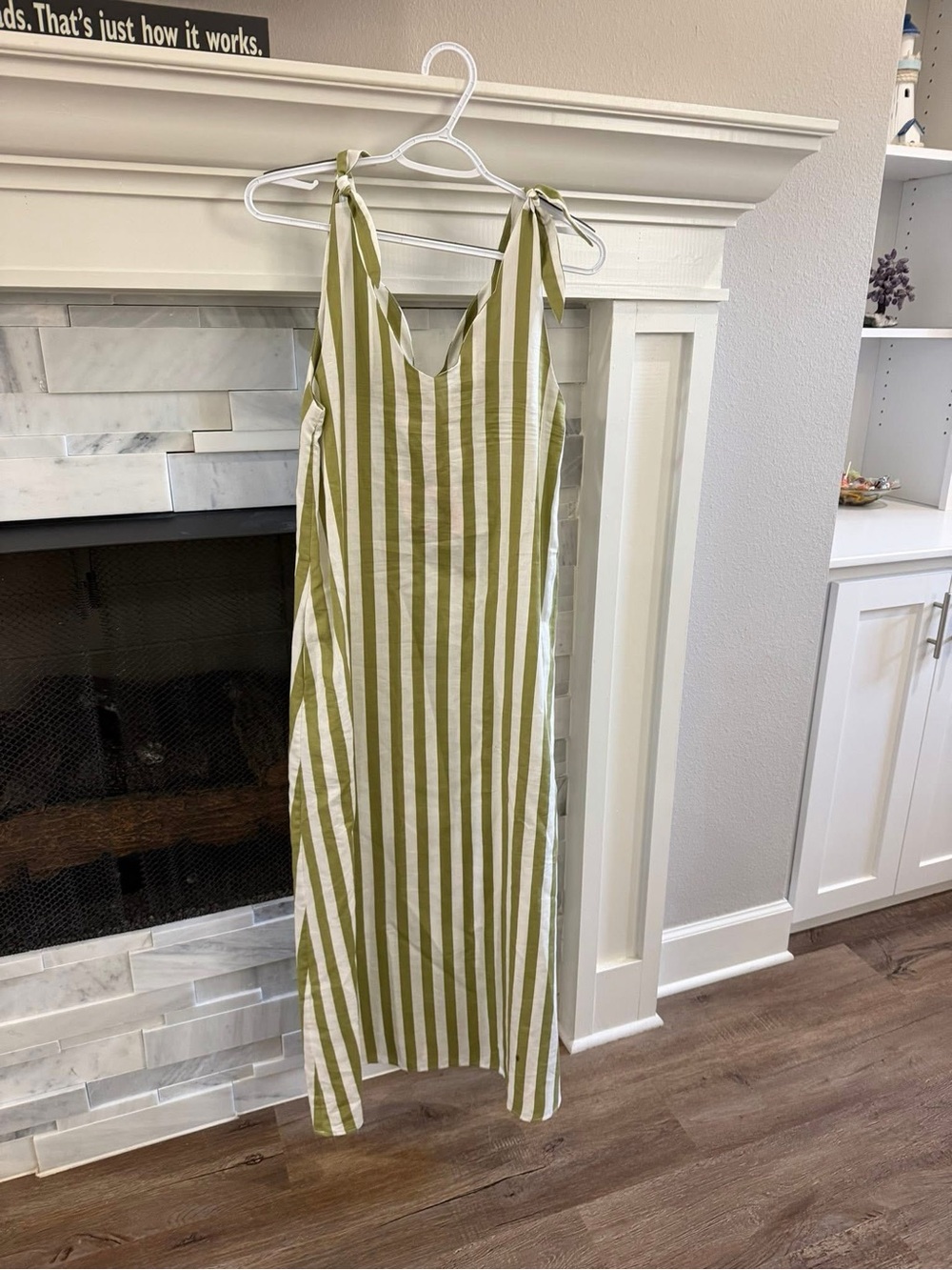 Striped Tie-Shoulder Maxi Dress in Olive Green and White